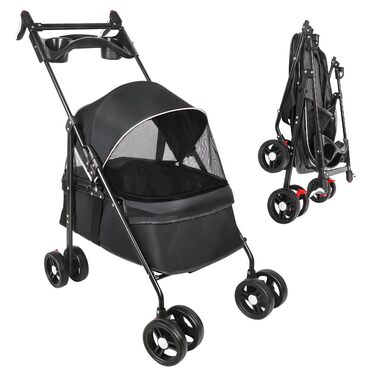 Візок для собак XANNI, складний, для маленьких собак та котів до 15 кг, з тримачами для напоїв та великим кошиком (чорний)