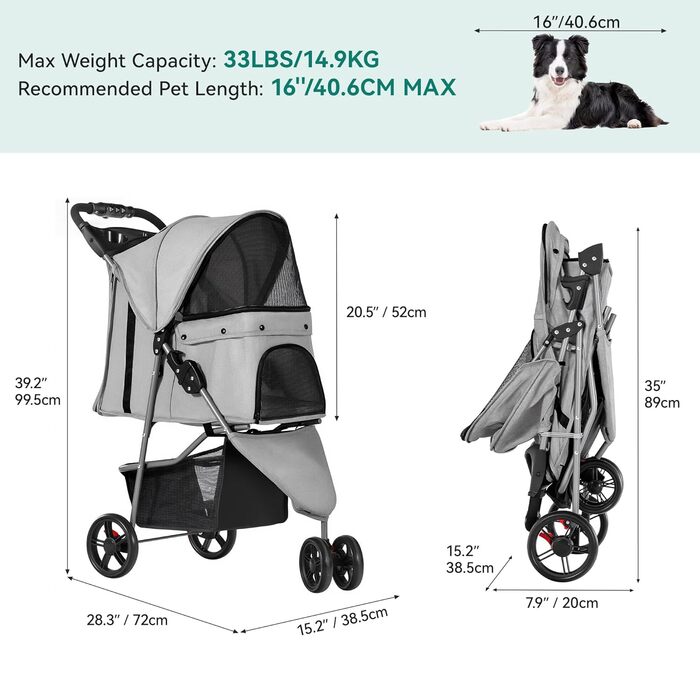 Візок для собак та котів YITAHOME 15 кг, 3 колеса, сітчасте вікно, гальма, міцний, сірий
