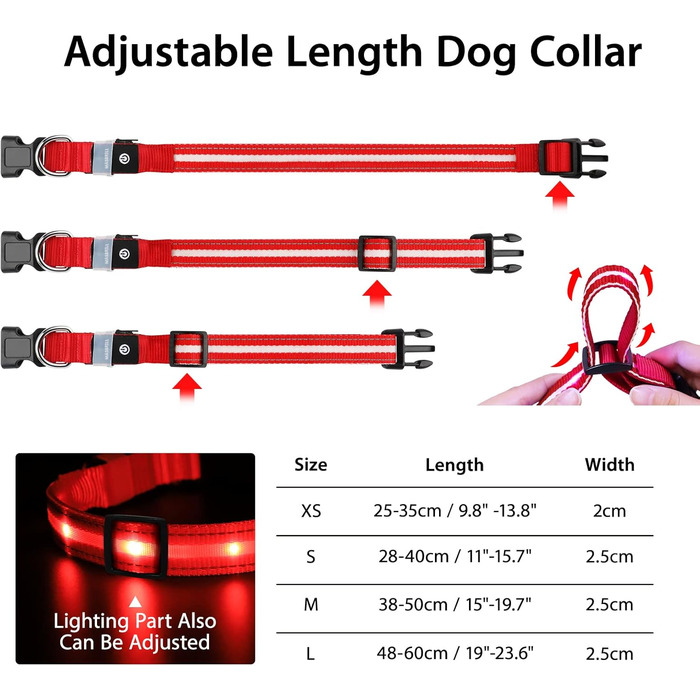 Світлодіодне нашийник для собак Masbrill, світловідбиваючий, водонепроникний, регульований, з 3 світлодіодами, для малих, середніх та великих собак, червоний, L