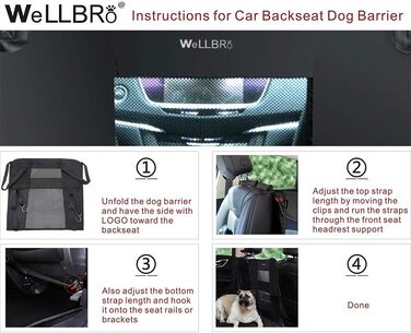 Бар'єр для собак у машину Wellbro: сітка з нейлону, регульований, з 2 віконками для безпечної подорожі