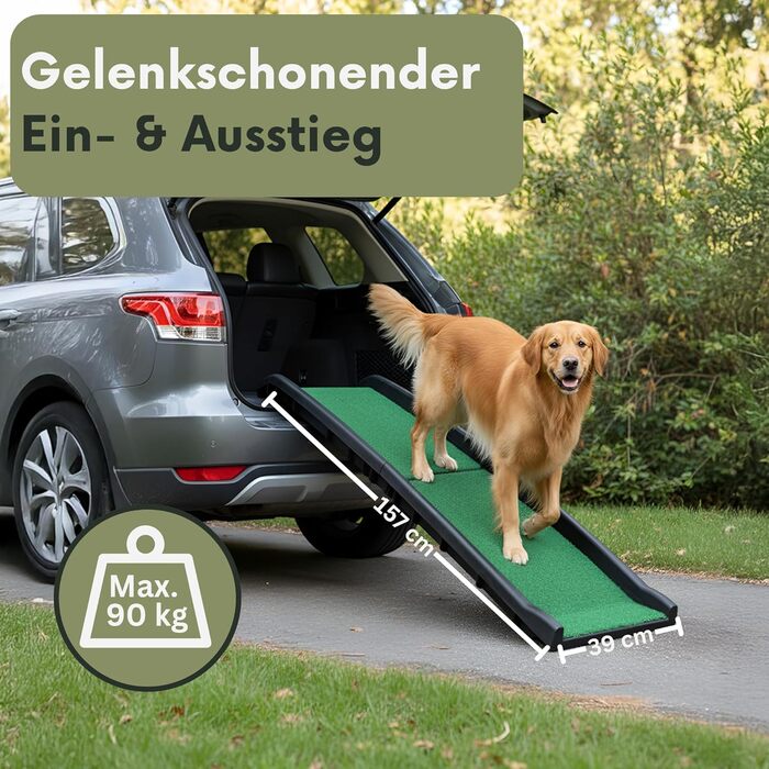 Рампа для собак Hunderampe - антиковзка з штучним газоном, складна, до 90 кг, 157x40 см. Підходить для автомобіля