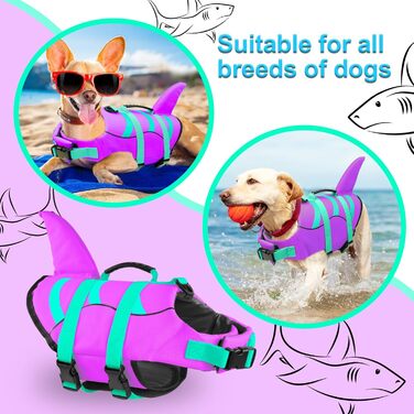 Шкіряна жилетка для собак Fragralley з принтом акули, для плавання та катання на човнах, жилет для собак з високою плавучістю та ручкою для рятування, для собак малих, середніх та великих розмірів (X-Small, фіолетовий + GN)