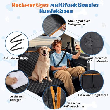 Водонепроникний килимок для собак у машину Heatail для заднього сидіння з боковими захисниками та сіткою, 135 x 148 см, чорний/помаранчевий