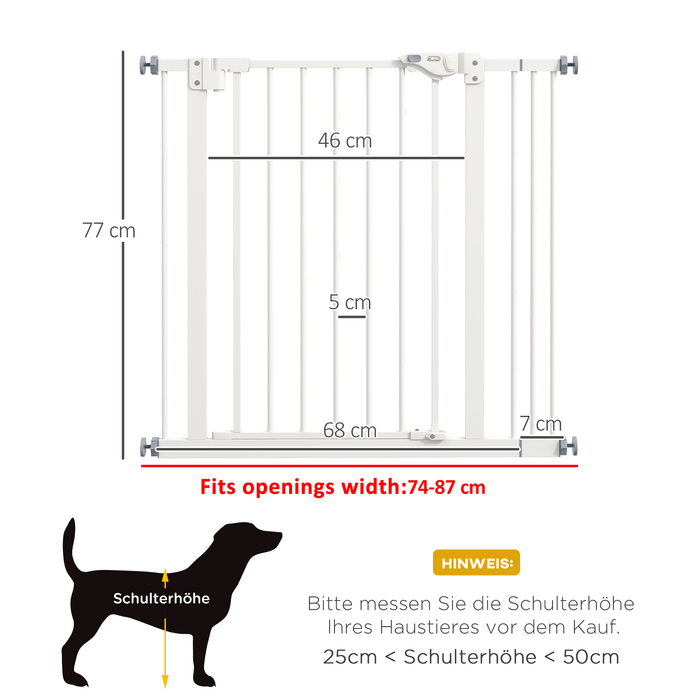 PawHut Door Gate Gate, Шлагбаум, 74-87 см, Сходові ворота для домашньої тварини, Ворота для собаки з розширенням, Захисні ворота без свердління, Метал, Пластик, Білий | Аосом