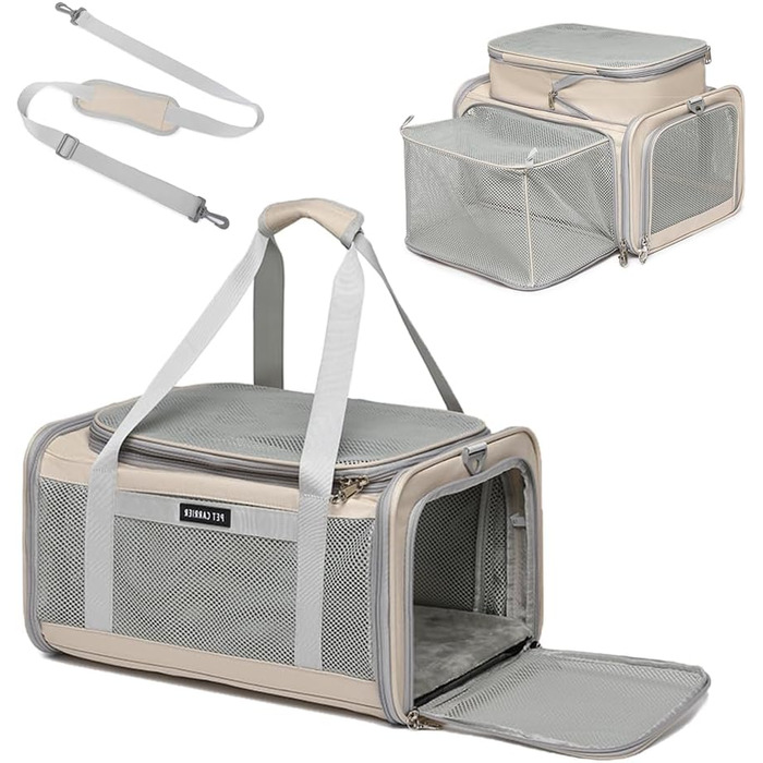 Сумка-переноска для котів та маленьких собак, схвалена авіакомпаніями, дихаюча та складана, для подорожей, бартагаме, цуценят, підвісна переноска (Хакі, розширювана)