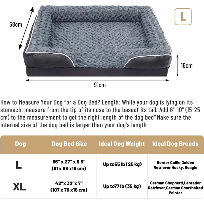 Ортопедичне ліжко для собак з піною з пам'яті, знімний, пральний чохол, подушка-гніздо, неслизький килимок та водонепроникний вкладиш. Ліжко для собак з високим бортиком (91*69 см)