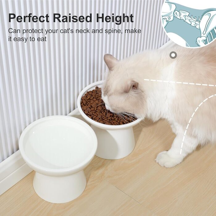 Набір мисок для котів YauYik (2 шт.) – керамічні миски для корму та води, підняті, широкі, білі
