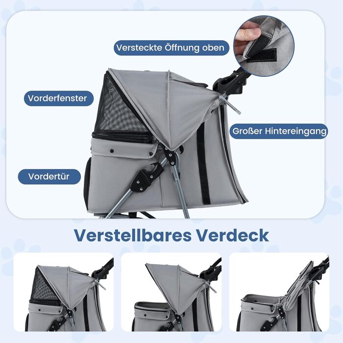 Візок для тварин Costway, розкладний, до 15 кг, для собак та котів, 3 колеса, з м'якою підкладкою, регульованим сонцезахистом, сіткою та кошиком