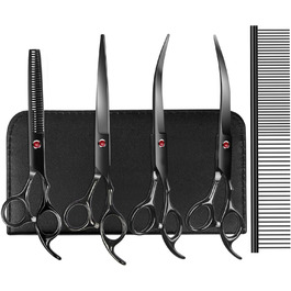 Професійний набір для грумінгу 7 дюймів: ножиці прямі та вигнуті, ножиці для фінальної обробки, гребінець та аксесуари, нержавіюча сталь, ергономічний дизайн, для догляду за тваринами вдома та в салоні, чорний