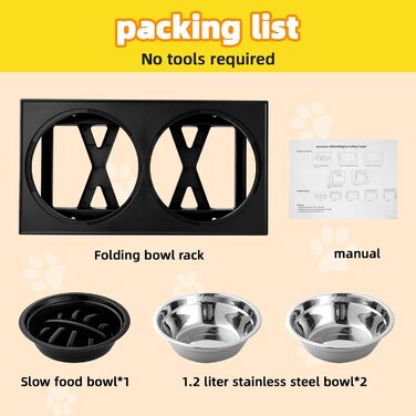 Підвищена годівниця для собак, регульована висота, великі породи - 2 x миска з нержавіючої сталі (1200 мл) + 1 x повільна годівниця (800 мл) - стійка станція для годування середніх/великих собак, чорний/сірий колір