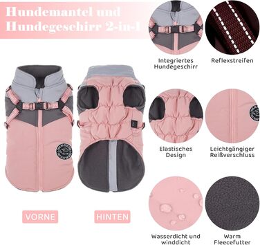 Зимова куртка для собак на вітер та воду, 2 в 1, тепла жилетка для цуценят, світловідбиваюча куртка (XS, рожевий + сірий)