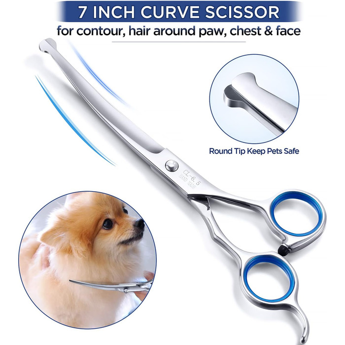 Набір для грумінгу собак та котів Gimars 3 в 1: професійні ножиці з титановим покриттям, безпечні наконечники, прямі, вигнуті та тонкі ножиці, гребінець