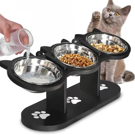 Набір мисок для котів 3 в 1: годівниця, поїлка, підставка. З нержавіючої сталі, з дерев'яною підставкою. Підходить для котів та маленьких собак.