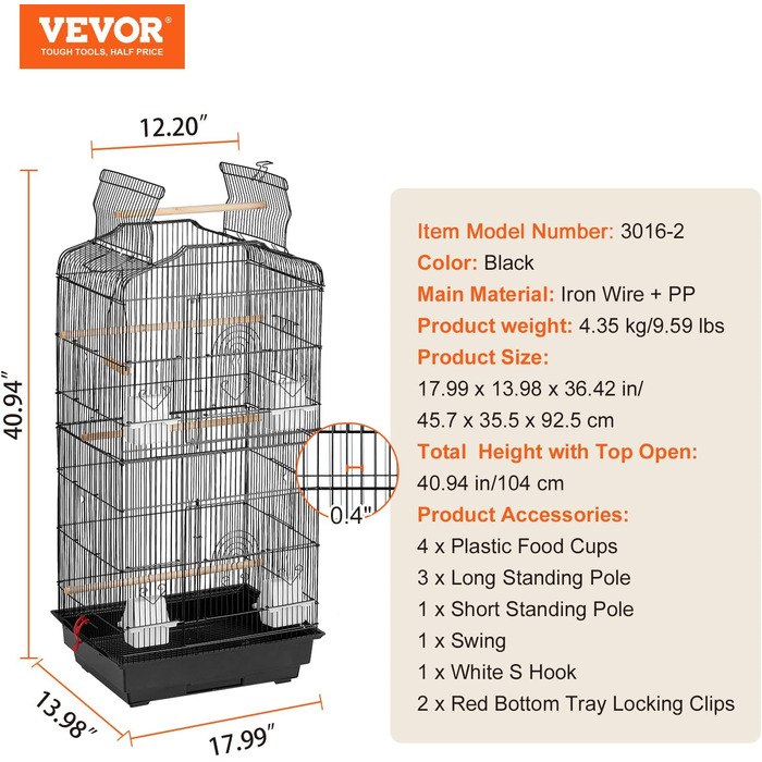 Клітка для птахів VEVOR 457x355x925 мм, металева, з гойдалкою та жердинкою, для хвилястих папуг, канарейок, амадин, нерозлучників, корел, маленьких папуг