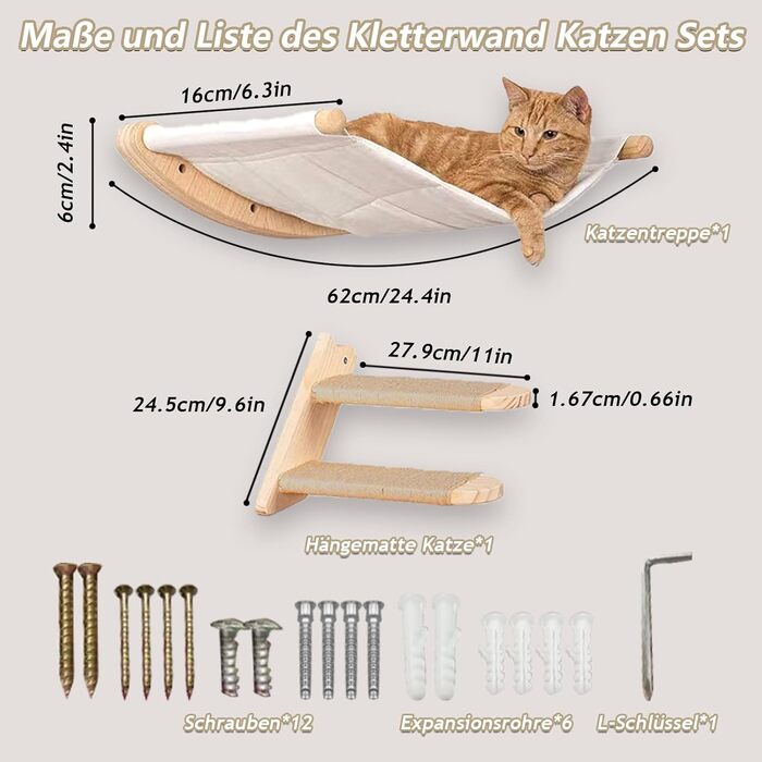 REDKNOT Кліматична стіна для котів з гамаком та драбиною, котячий комплекс на стіну з сизалевим когтеточкою, до 20 кг