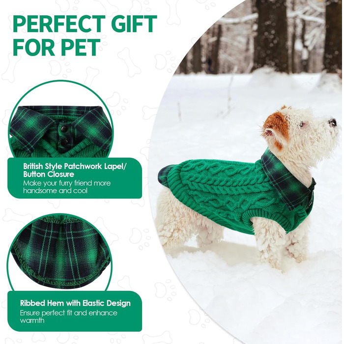 Теплий собачий светр CITE TOILE з візерунком у клітинку, комір-гетр та отворами для повідка – зимовий одяг для собак маленьких, середніх та великих порід, светр для котів на Різдво (L, Зелений)