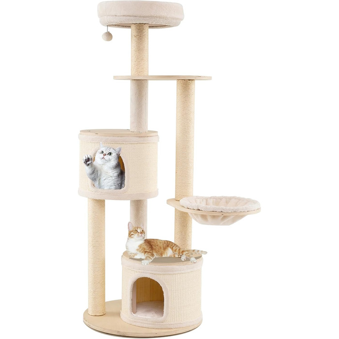 Дерев'яний кігтеточки Costway 143 см: кігтеточки з товстою колоною, сизаль, платформа, сизалеве покриття, іграшковий м'ячик та сходинка. Активний комплекс для котів, 143 см.