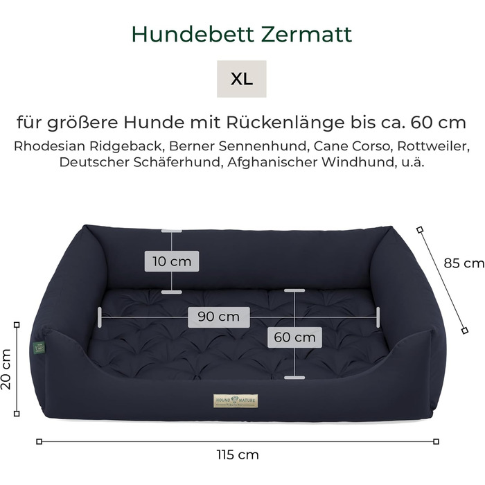 Ортопедичне ліжко для собак HOUND & NATURE Zermatt, корзина для собак середніх розмірів з високим бортиком, м'яке собаче ліжко з подушкою (M - 95x70 см, XL - 115x85 см), темно-синій