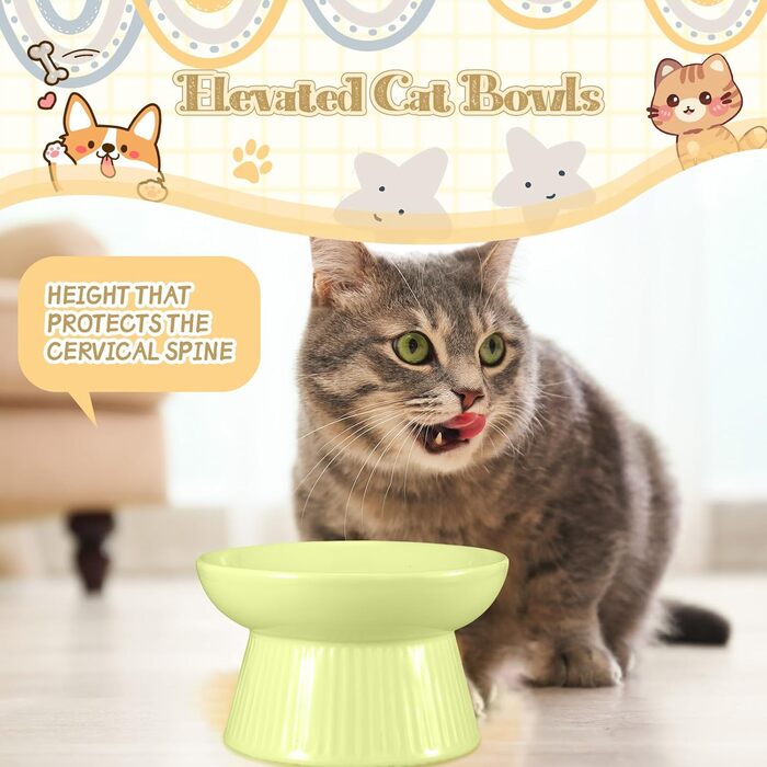 Підвищені миски для котів Layhit з кераміки, проти блювоти, повільне годування, для сухого та вологого корму, кошенята, 2 шт. (зелений, рожевий)