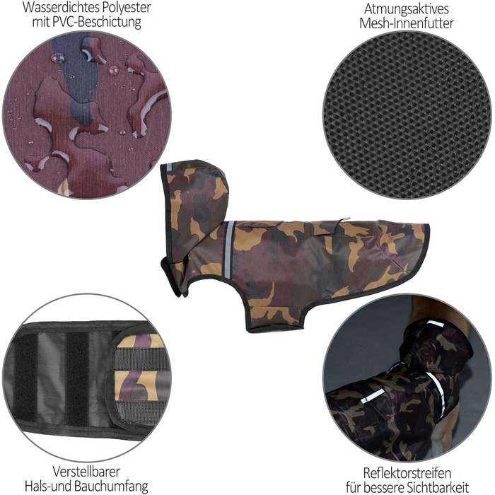 Водонепроникна куртка для собак KoKoBin з капюшоном, світловідбиваюча, XXL, коричнева