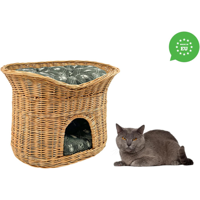 Кошик для котів XL 70 см овальний з лози, двоповерхове ліжко для котів і собак з м'якими темно-сірими подушками, натуральний колір, котяча хата для дому