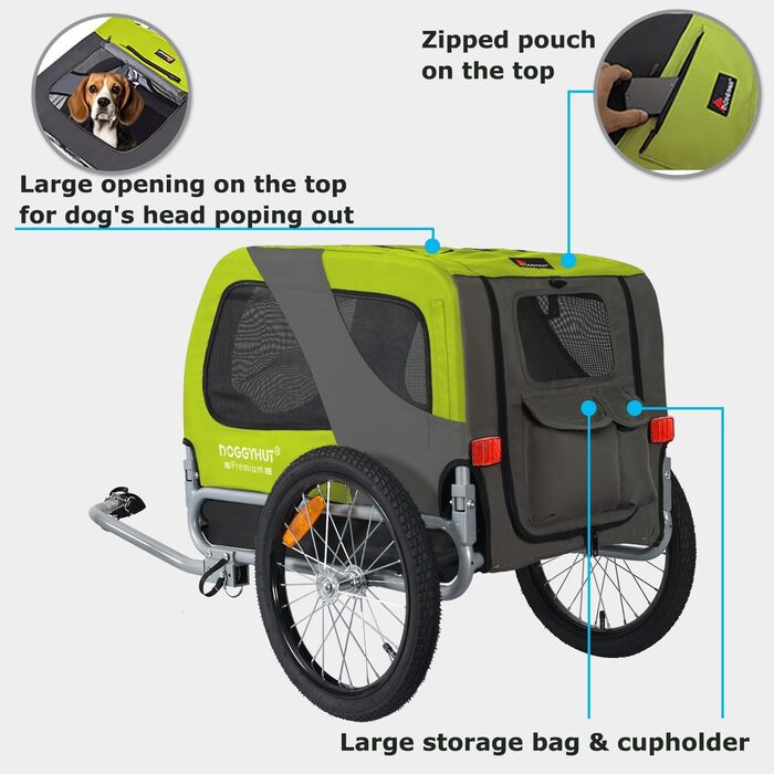 DOGGYHUT® Преміум велосипедний причіп для собак середнього розміру (до 23 кг), складаний, зелений