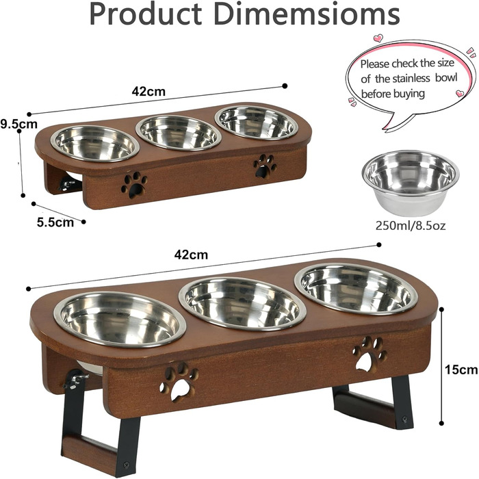 Підвищені годівниці для котів 3 шт. з регульованою висотою, з підставкою, з нержавіючої сталі, для води та корму, для котів та маленьких собак, коричневі