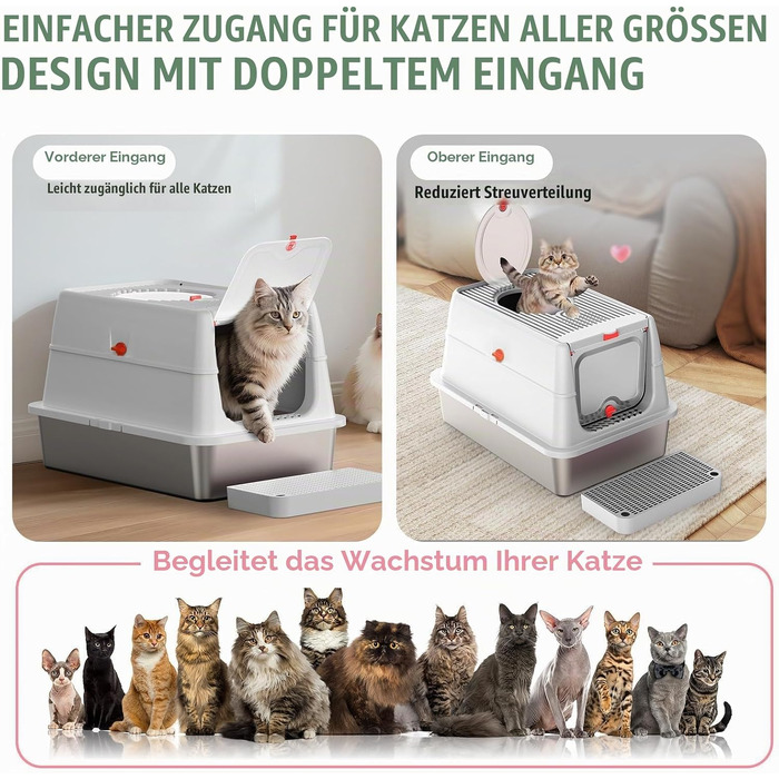 Лоток для котів BEST JAJA XXL з кришкою, нержавіюча сталь, 61.9 × 41.9 × 37 см, сірий