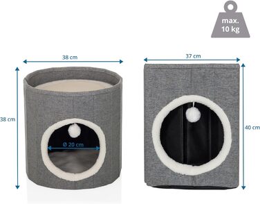 Квітковий будиночок для котів PAWY з подушкою, складне ліжко для котів з тканини букле, знімний верх, 40x40x44 см (Круг / 38 x 38 x 38 см, Сірий)