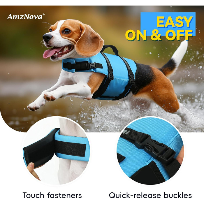 Світловідбиваюча рятувальна жилетка для собак AMZNOVA Rip Stop, XL, блакитна (обхват грудей 53-69 см)