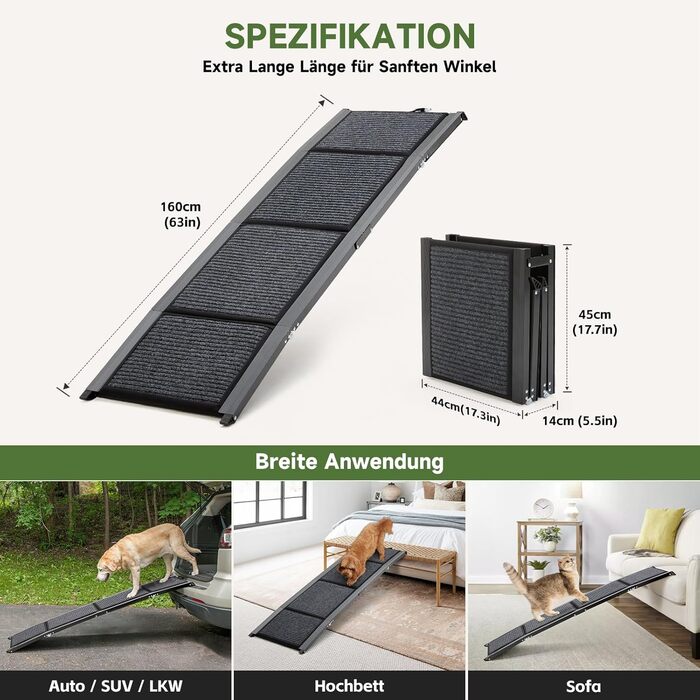 Рампа для собак Fellie, 160 см, складана, для великих, середніх та малих собак, до 100 кг