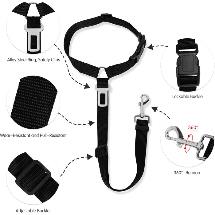 Автомобільний ремінь безпеки для собак, поводок для собак у авто, кріплення до підголівника, міцний поводок, шлейка для собак, котів та домашніх тварин (Чорний)