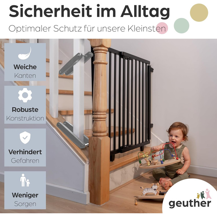 Захист для сходів Geuther Oris | Дверний захист для сходів з кріпленням, 2 клямки для поручнів, ширина, стабільне дерев'яне дитяче ворота, натуральний лак (чорний, 95-135 см)