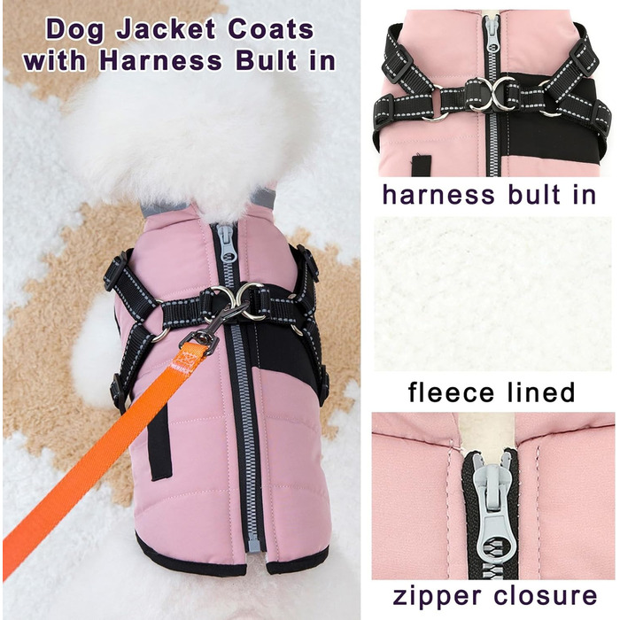 Зунеа Тепла куртка для собак маленьких порід, для цуценят з повідком, світловідбиваюча, регульована, на блискавці, рожева, XS/S