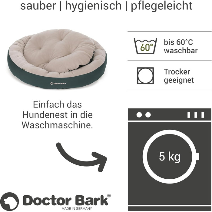 Зручне ліжко для собак Doctor Bark GreenLabel (S, 50x40 см, зелене) - м'яке, кругленьке гніздо з ворсистим подушками з флісу/бавовни