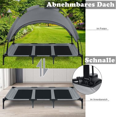 Підвищене собаче ліжко з дахом, сонцезахист, ліжко для домашніх тварин з балдахіном, лежанка для собак на вулицю, собаче диван, антиковзні підкладки, водонепроникний дах та дихаюча сітка, розмір L 92x76x92 см (XL - 122x92x102 см)