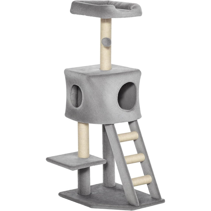 Кігтеточка PawHut 120 см для котів з будиночком, іграшкою, сизалевими стовпцями, платформою та сходами, багатоярусна, сірого кольору