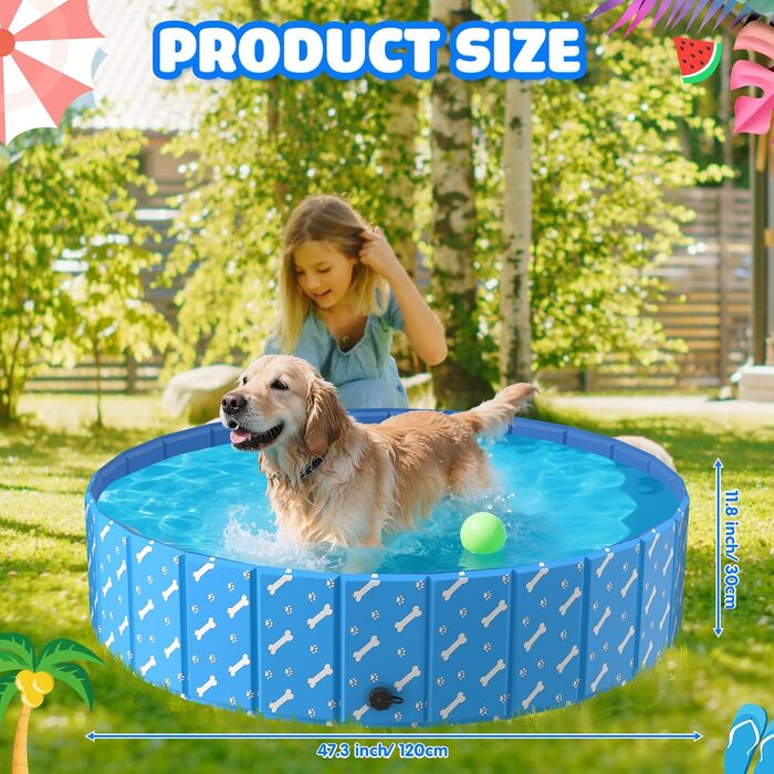 Басейн для собак великих порід LTFIOON, 120x30 см, складаний, з дренажним клапаном, з неслизького PVC, для собак, котів та дітей