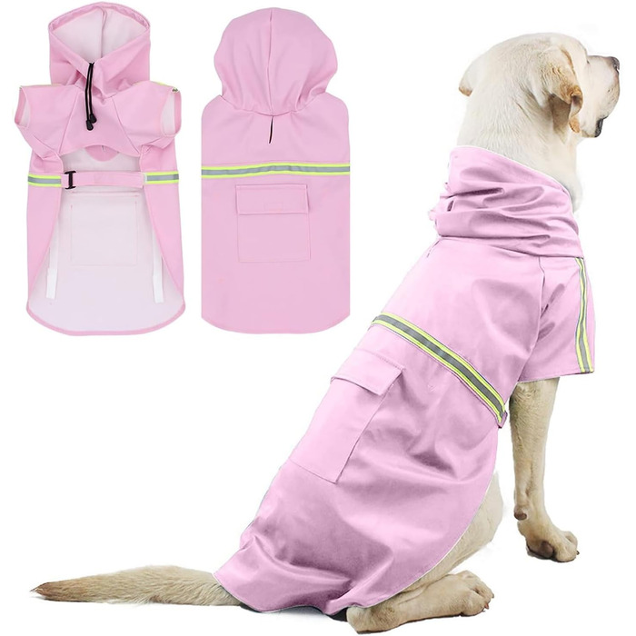 Дощовик для собак PETCUTE з капюшоном, водонепроникний, з світловідбиваючими смугами, регульований, для малих, середніх та великих собак, рожевий S