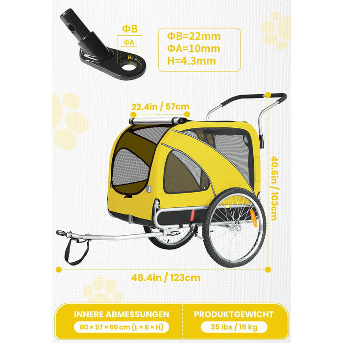 SEPNINE® Причіп для собак XL 2-в-1, велосипедний та візок для собак до 40 кг, складний з гальмами та зчіпним пристроєм, для середніх та великих собак - Синій (Жовтий - до 40 кг)