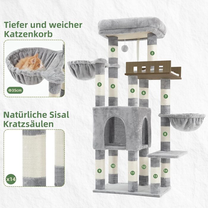 Комплекс для котів Gitelsnour Kratzbaum 135 см, світло-сірий: кігтеточка, будиночок, платформа, гамак - для великих котів до 20 кг