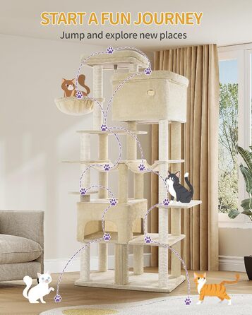 Кігтеточка Hzuaneri XXL 200 см з 10 стовпчиками, 2 печерами, 2 гамаками, великою платформою, щітками для котів, кошиком. Підходить для Maine Coon та великих котів (Бежевий)