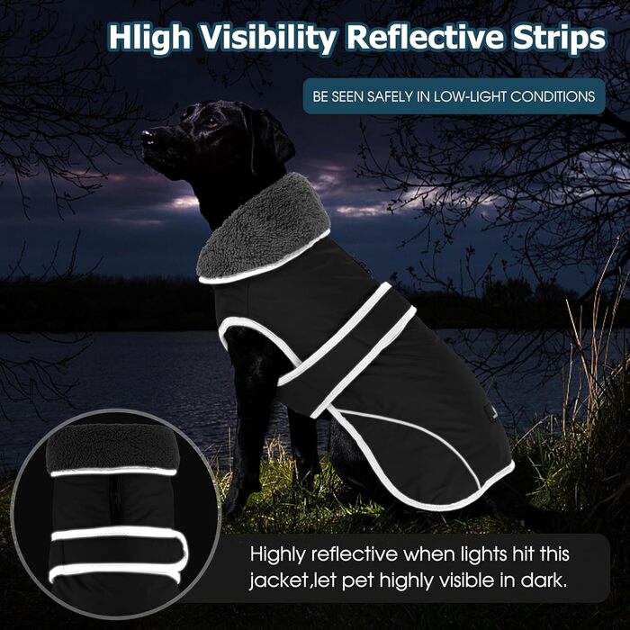 Зимовий теплий одяг для собак Dogchee: куртка з флісовим коміром, тепла та зручна, для малих, середніх та великих собак, чорна, розмір XXL (обхват грудей 78-100 см, довжина спини 61 см)