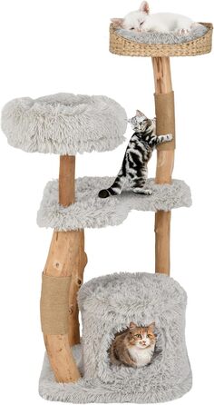 Дерев'яний кігтеточка для котів COSTWAY 124 см з будиночком, м'яким сидінням та платформою, кігтеточний стовпчик з джуту, кігтеточка-вежа для котів, масивне дерево, сірий колір, 3 стовпчики