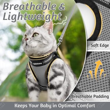 Нашийник та поводок для котів Rabbitgoo - безпечний, регульований, з відбиваючими смугами, сірий, M