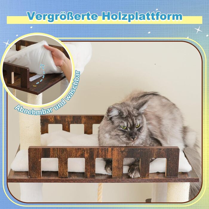 Дерев'яний кігтеточки Hey-brother Holz Kratzbaum 184 см для великих котів, багатоярусний, з платформою, корзиною, будиночком, щіткою та драбиною (Brun Vintage) EMPJ121WB