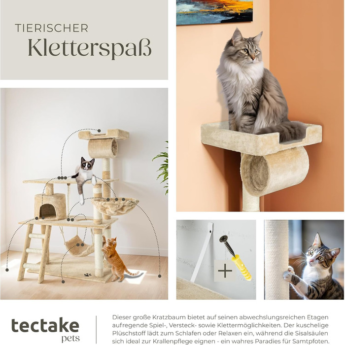 Дряпка для котів tectake 141 см, котячий комплекс з іграшками, гамаками, плетений з плюшу та сизалю, для дому, широкий, бежевий