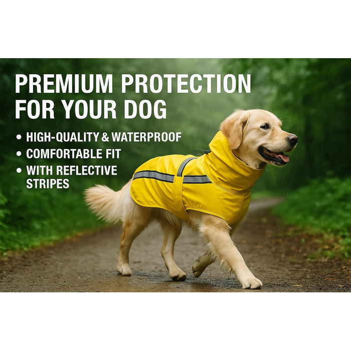 Жовтий дощовик для собак Ciro - розмір A:80см B:69см C:89-98см - поліестер, водонепроникний, з світловідбиваючими смугами, на липучці, можна прати при 30°C