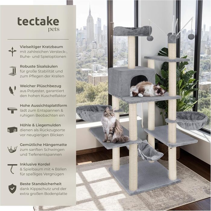 Дерево для котів tectake® XXL, велике, з лежаками, гамаком, будиночком, іграшками, мотузкою, стовпчиком для шліфування, чорний (сірий) - 165 см
