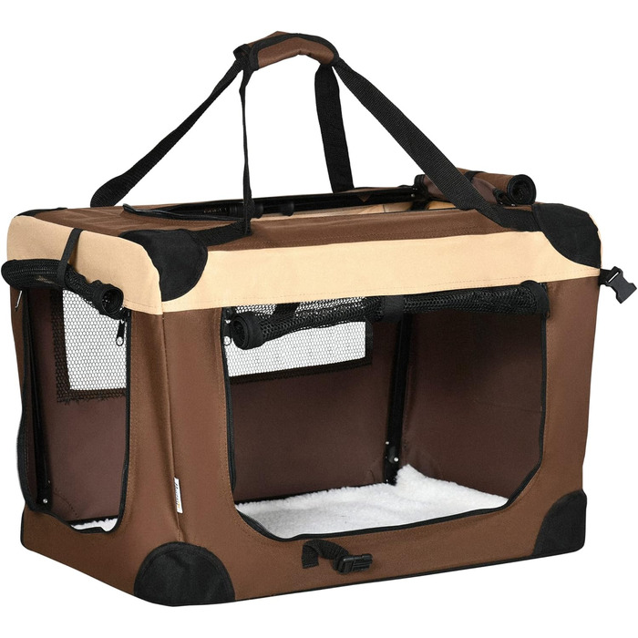 PawHut переносна сумка для собак та котів, складана, з вікнами, м'який килимок, 2 плечові ремені, 60x41x41 см, коричнева